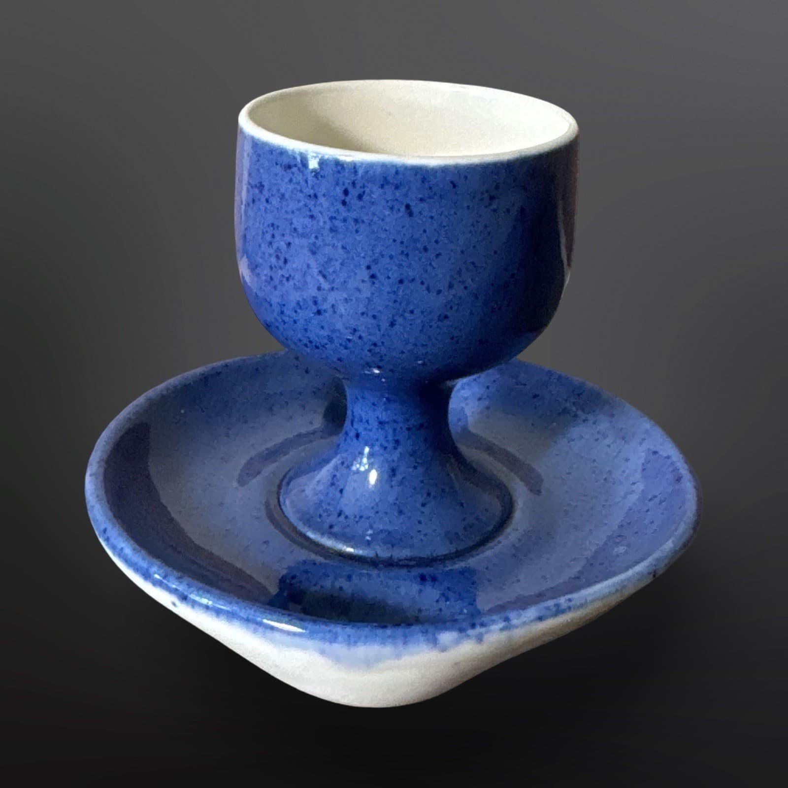 Vintage Moorcroft Pottery Royal Blue Egg Cup with Fixed Tray Made In England - Thumbnail 2