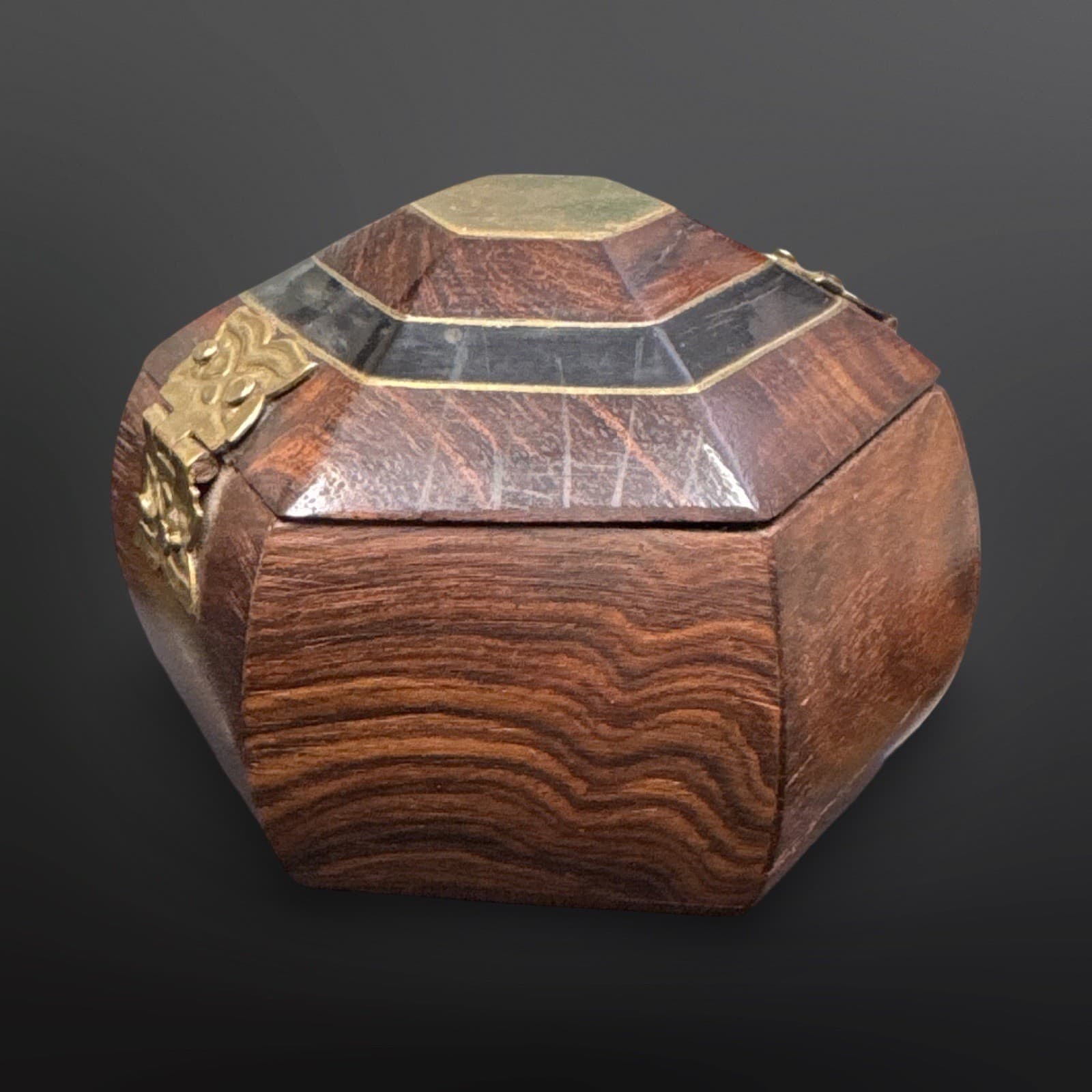 Hexagon Wooden Box With Inlay/Brass Accents Sapphire Blue Lining Vintage - Thumbnail 3