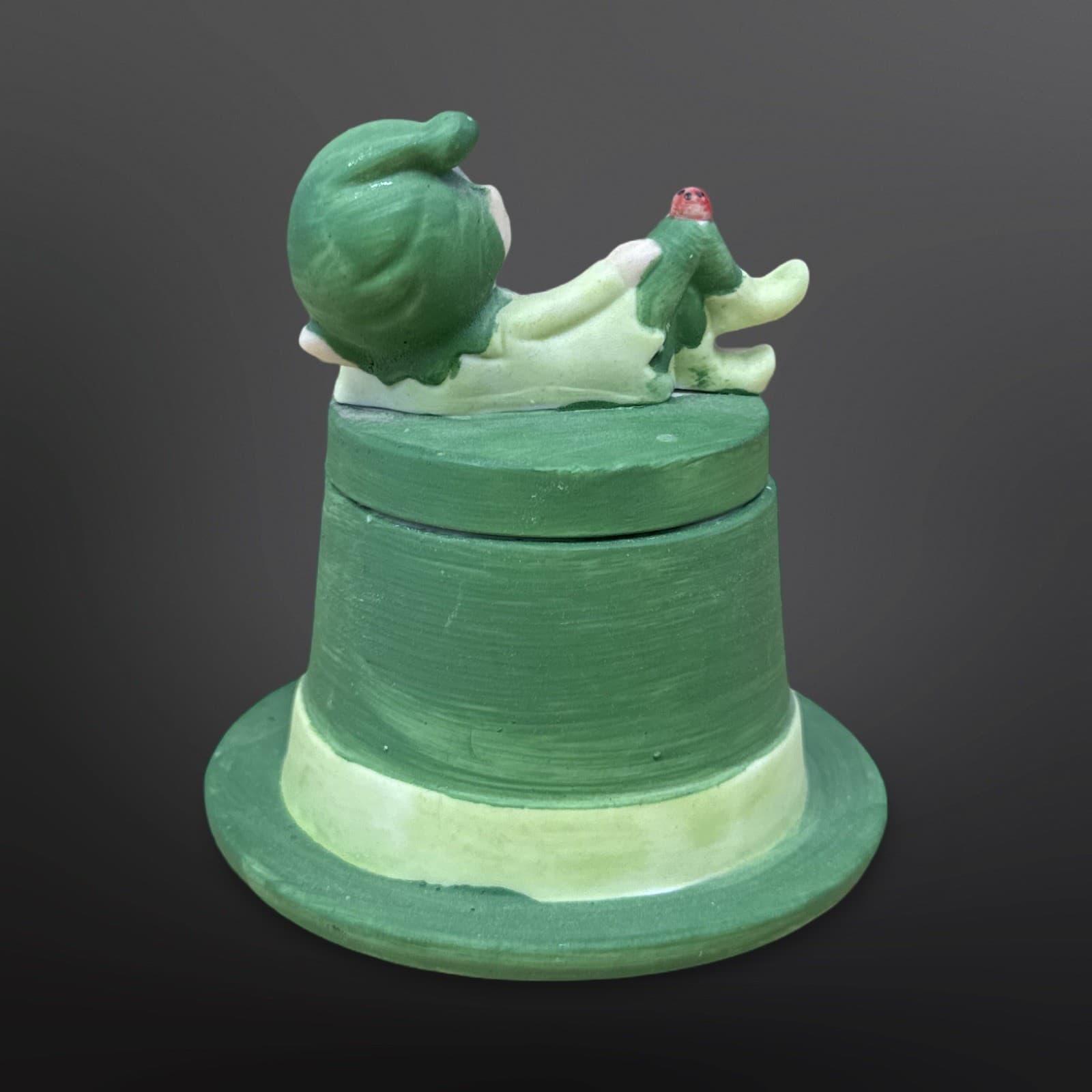 Vintage Lego Matte Ceramic Pixie Elf W/Ladybug Laying On Green Top Hat Candle - Thumbnail 3
