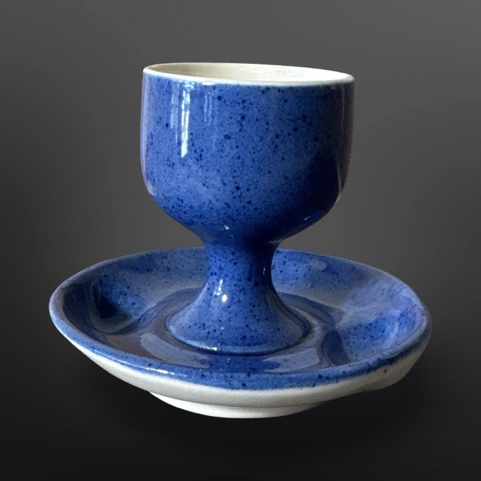 Vintage Moorcroft Pottery Royal Blue Egg Cup with Fixed Tray Made In England - Thumbnail 3