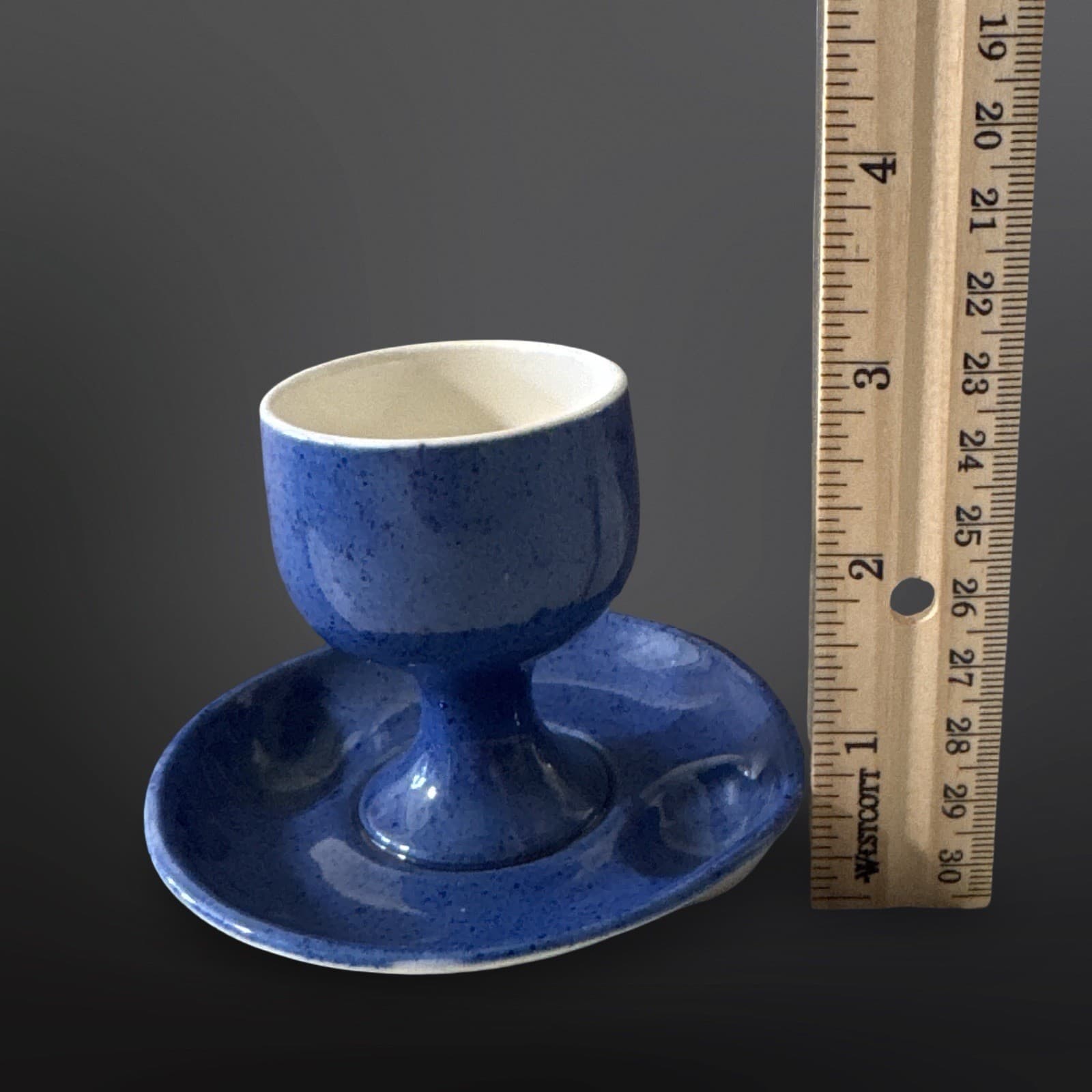 Vintage Moorcroft Pottery Royal Blue Egg Cup with Fixed Tray Made In England - Thumbnail 8