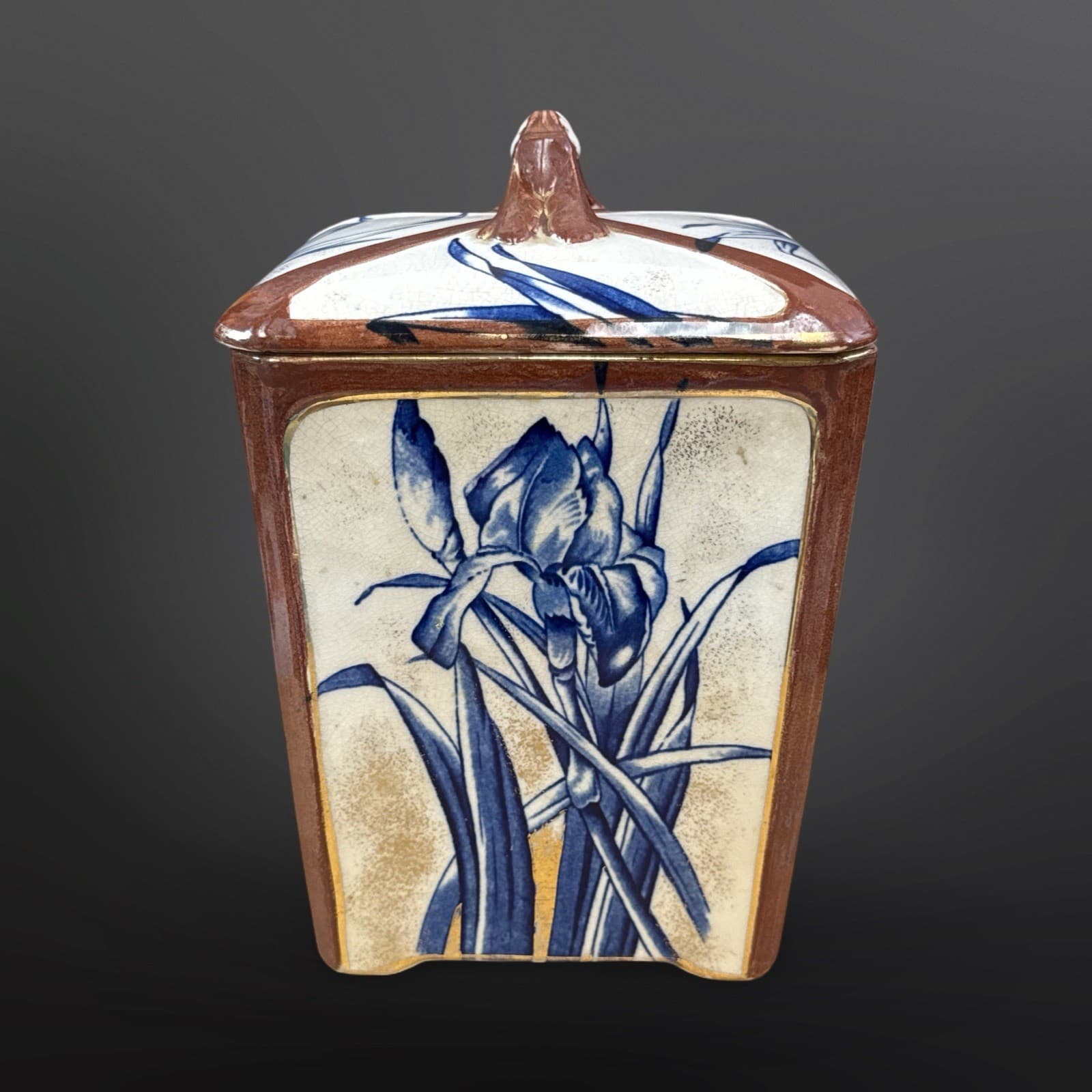 Antique Burroughs & Mountford Pottery Blue Iris Gold Trim Canister/ Biscuit Jar - Thumbnail 2