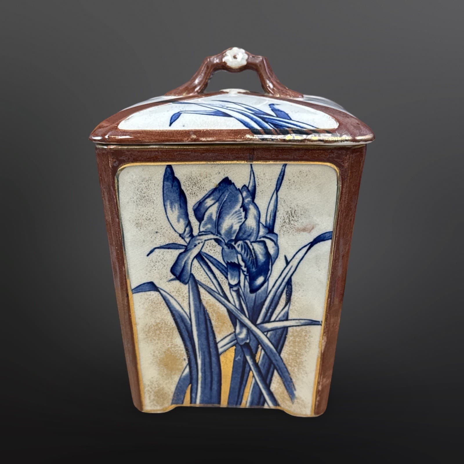 Antique Burroughs & Mountford Pottery Blue Iris Gold Trim Canister/ Biscuit Jar - Thumbnail 3