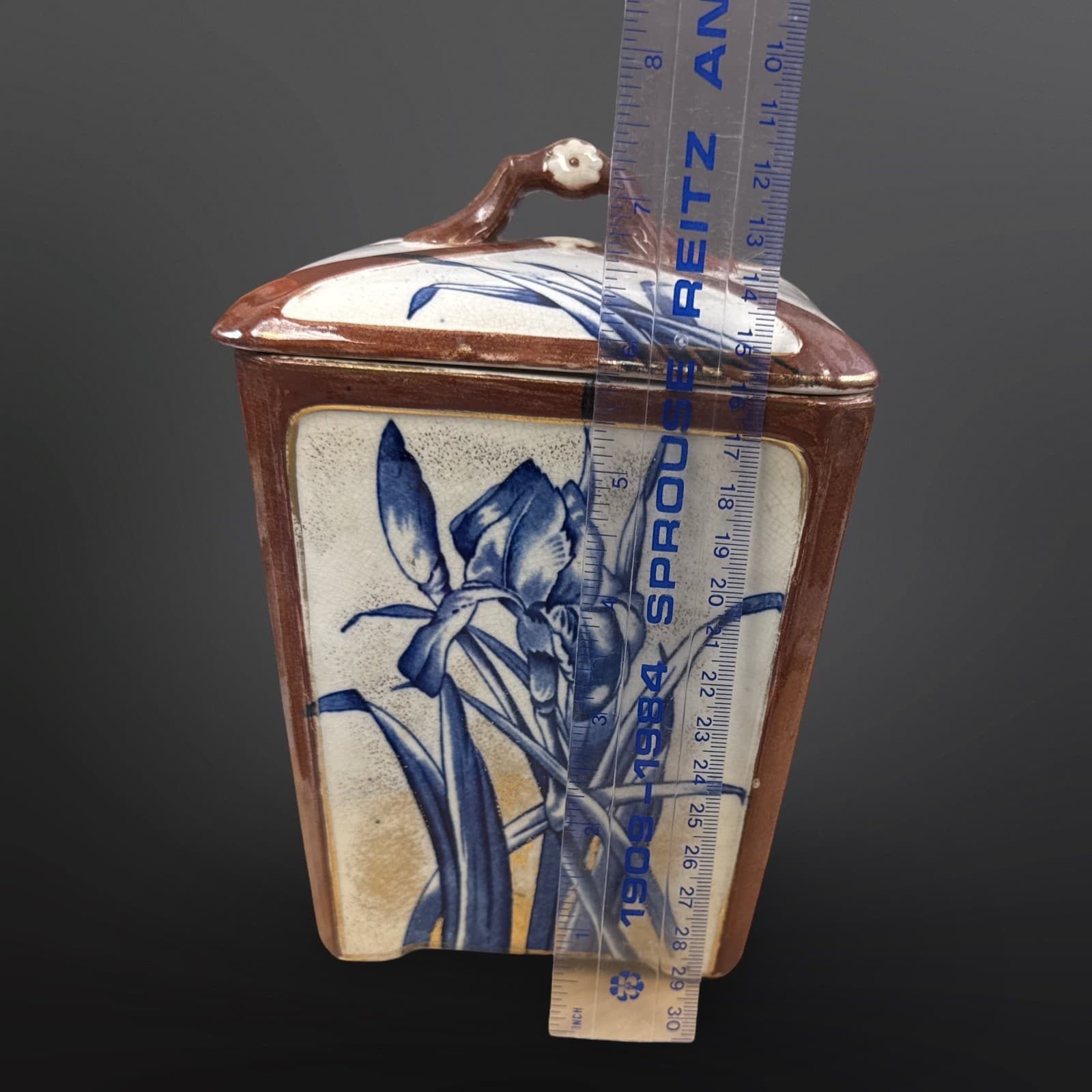 Antique Burroughs & Mountford Pottery Blue Iris Gold Trim Canister/ Biscuit Jar - Thumbnail 12