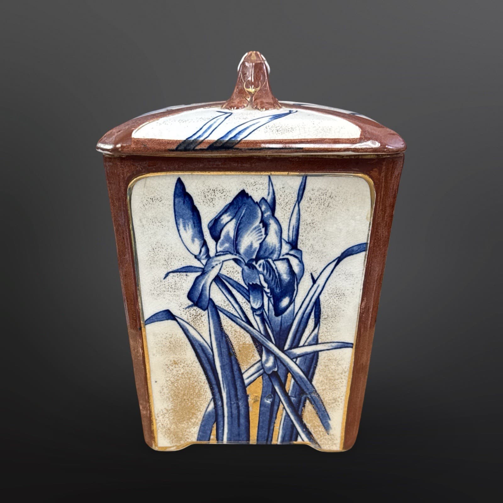 Antique Burroughs & Mountford Pottery Blue Iris Gold Trim Canister/ Biscuit Jar - Thumbnail 4