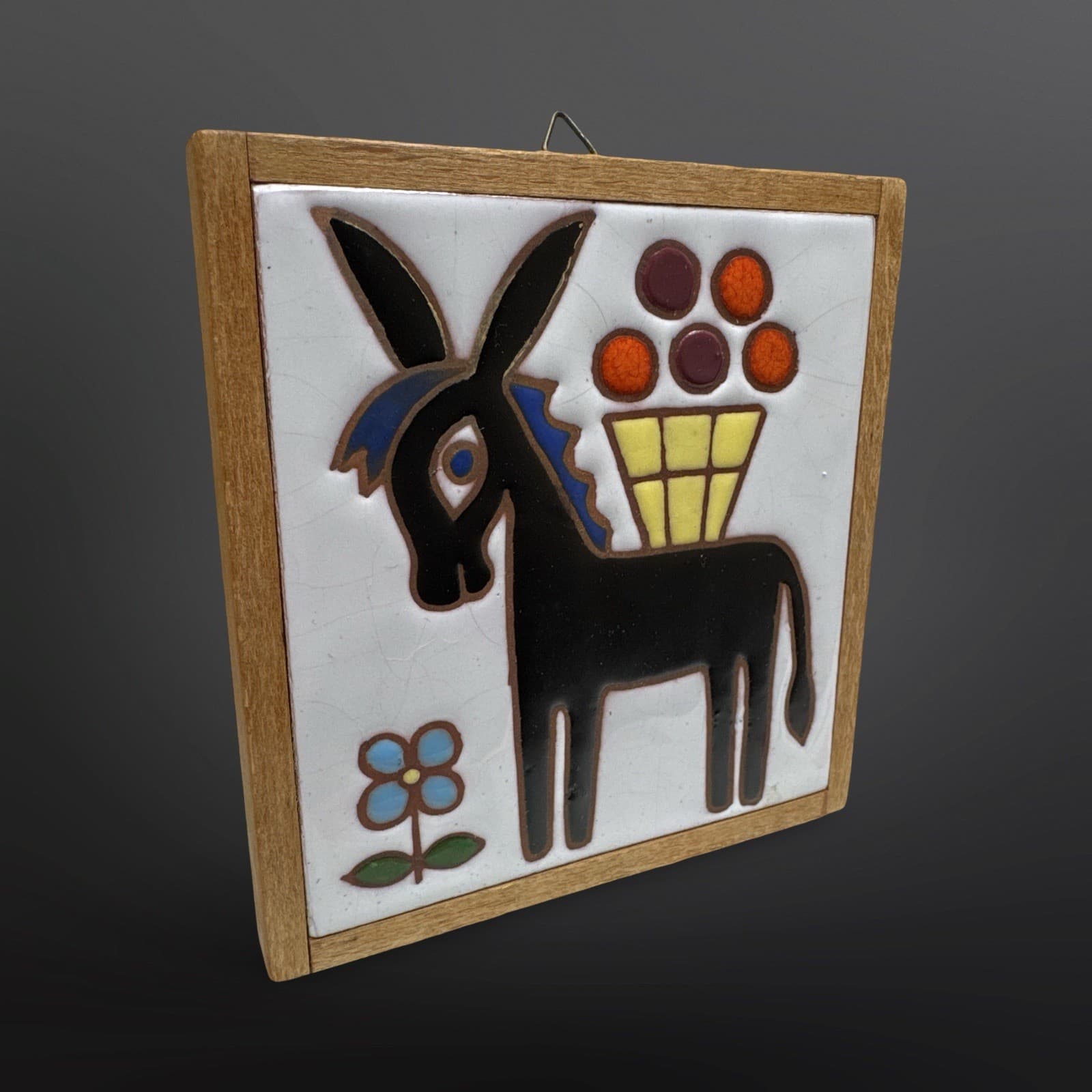 Vintage Helen Michaelides E. Mixandidou Greek Art Tile MCM Donkey Flower Fruit - Thumbnail 2