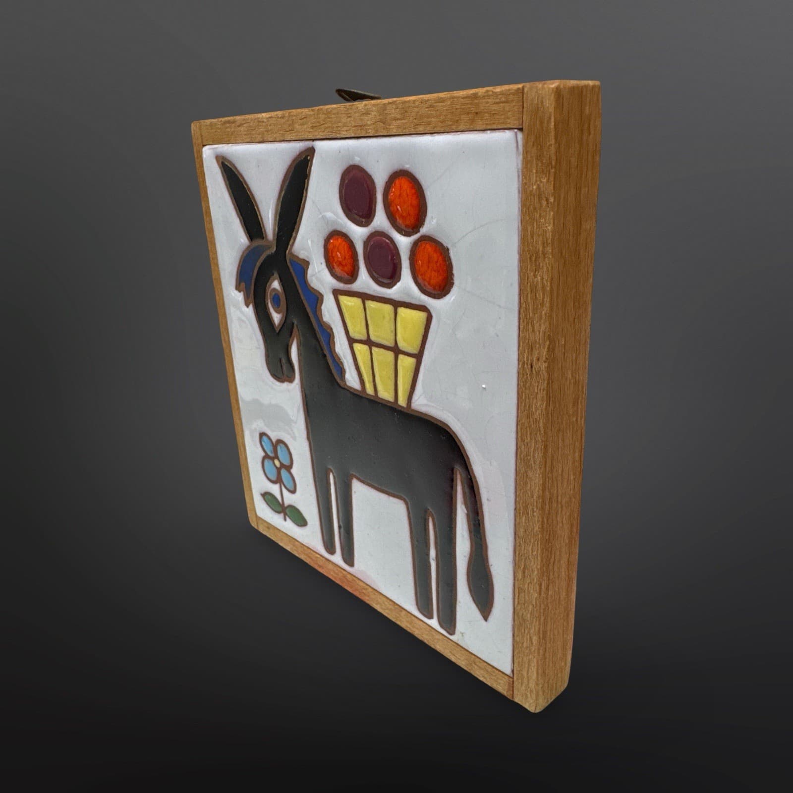 Vintage Helen Michaelides E. Mixandidou Greek Art Tile MCM Donkey Flower Fruit - Thumbnail 3
