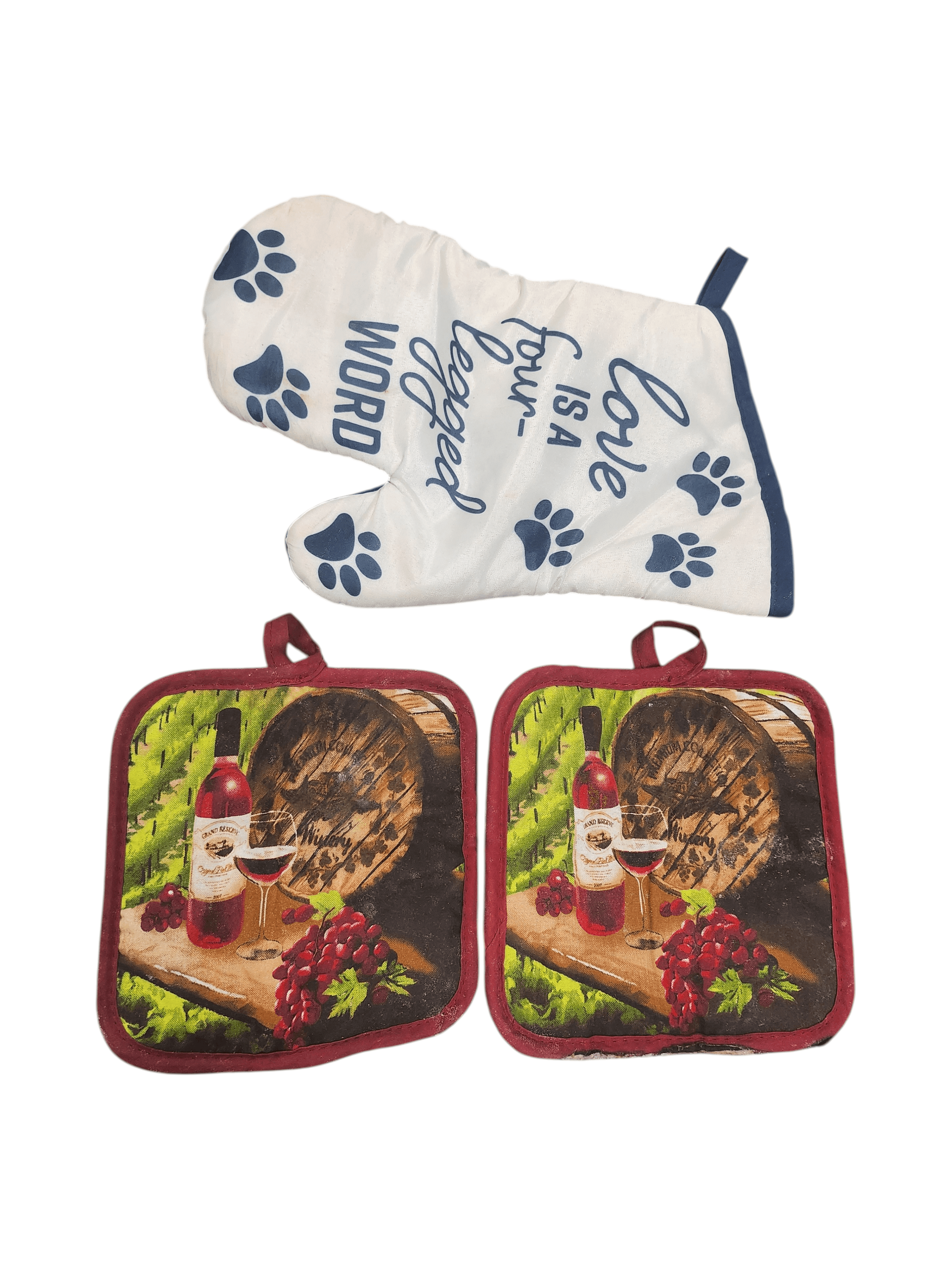 Kitchen Oven Mitt and Wine-Themed Pot Holders Set