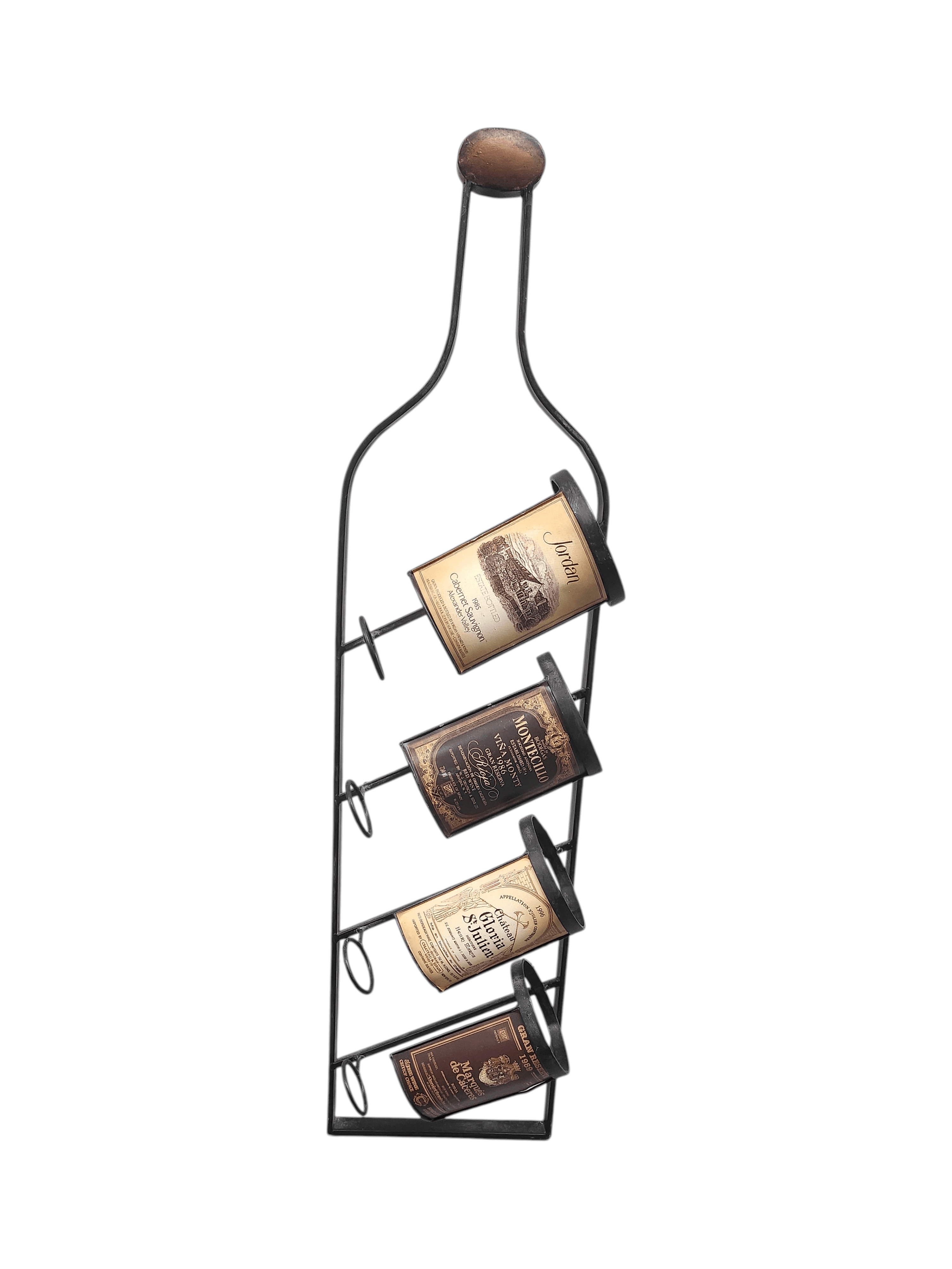 Vintage Black Metal 4 Bottle Wine Holder Rack w Decorative Wine Labels