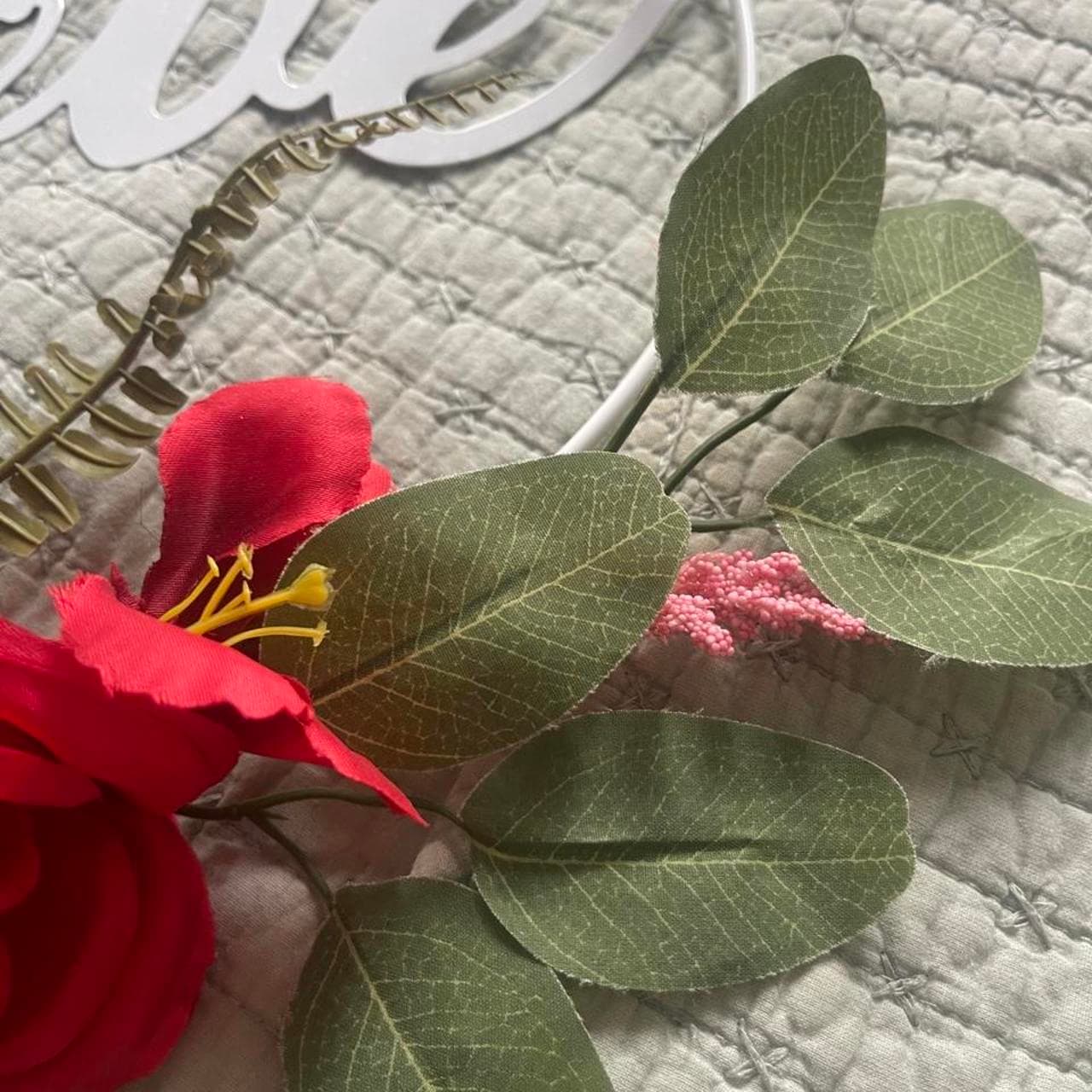 White metal wreath with the word 'love' and red flowers and green leaves #love #valentine - Thumbnail 4