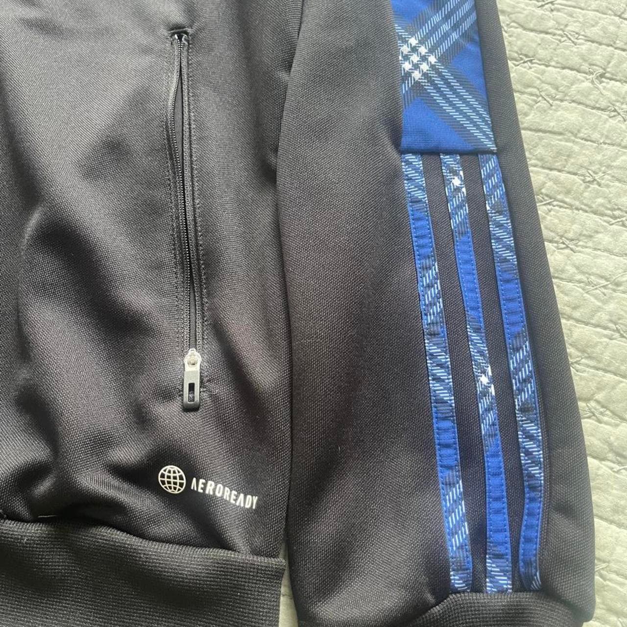 Adidas Black Blue Plaid Zip-Up Jacket Hooded - Thumbnail 2