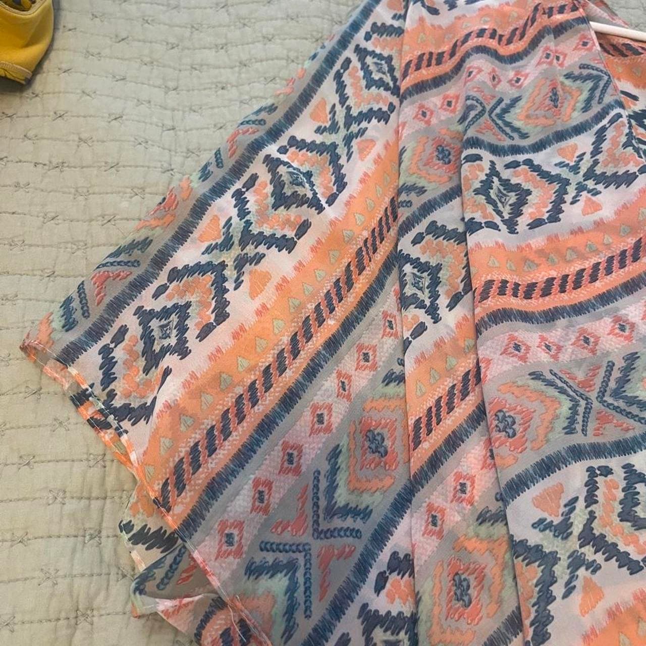 Orange, blue, and white geometric patterned poncho with crochet trim #boho #festival #poncho #cardigan - Thumbnail 4