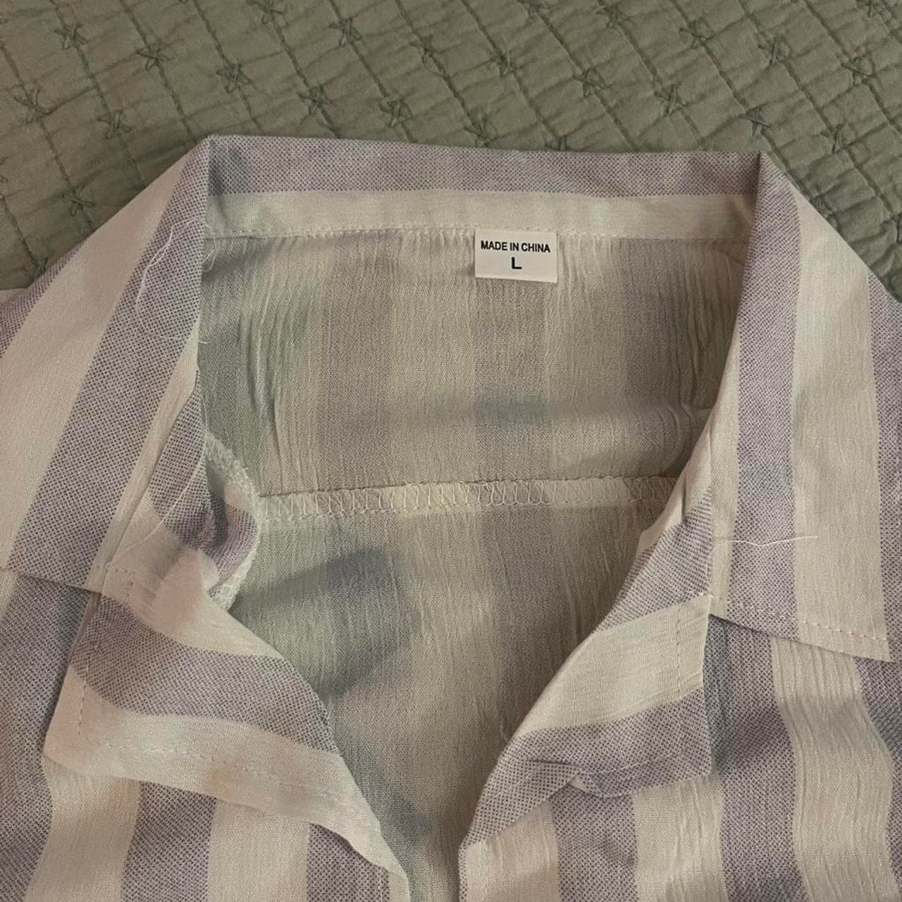 Linen Blue & White Striped Button-Up Shirt - Large - Thumbnail 3