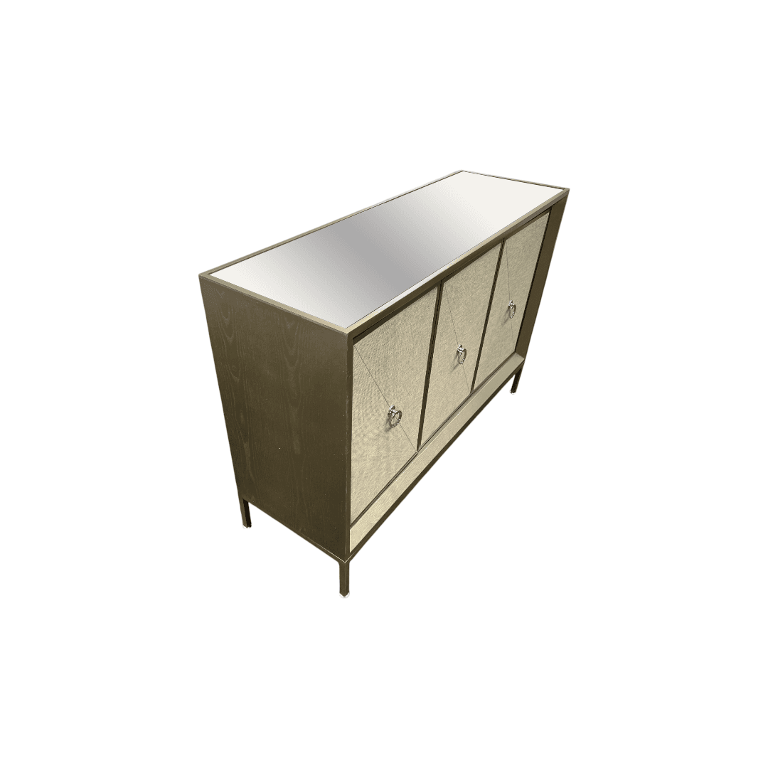 Rosdorf Park Morfa Gray Wood Upholstered Front Panel 1 Shelf & 3 Doors Cabinet w/ Mirrored Top & Ring Handles - Thumbnail 14