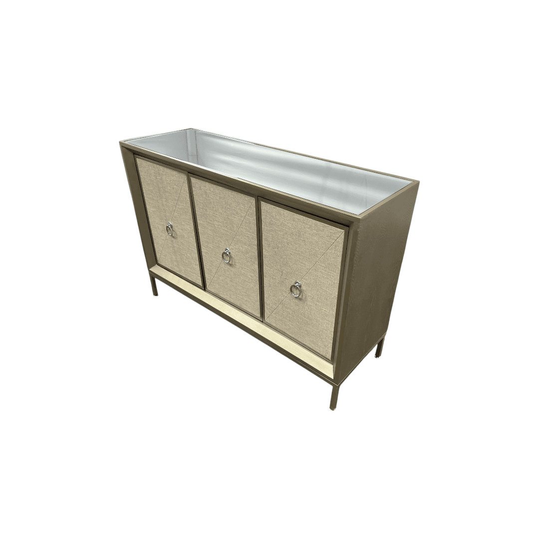 Rosdorf Park Morfa Gray Wood Upholstered Front Panel 1 Shelf & 3 Doors Cabinet w/ Mirrored Top & Ring Handles - Thumbnail 5