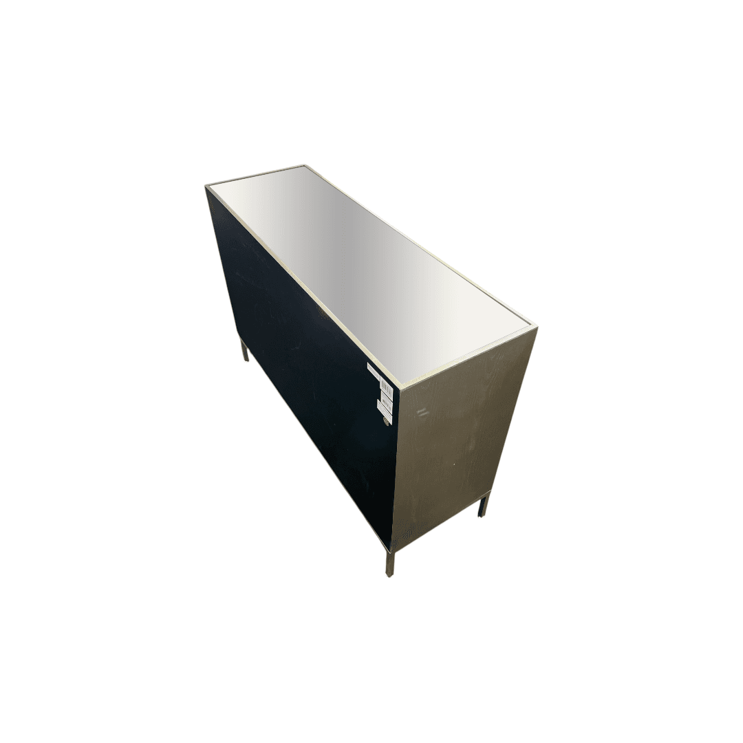 Rosdorf Park Morfa Gray Wood Upholstered Front Panel 1 Shelf & 3 Doors Cabinet w/ Mirrored Top & Ring Handles - Thumbnail 16