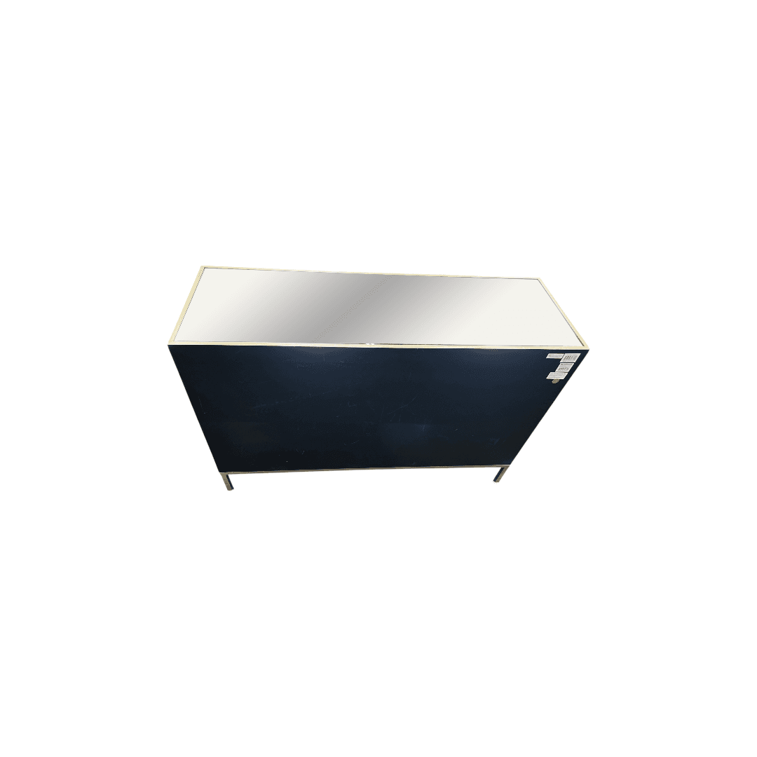 Rosdorf Park Morfa Gray Wood Upholstered Front Panel 1 Shelf & 3 Doors Cabinet w/ Mirrored Top & Ring Handles - Thumbnail 18