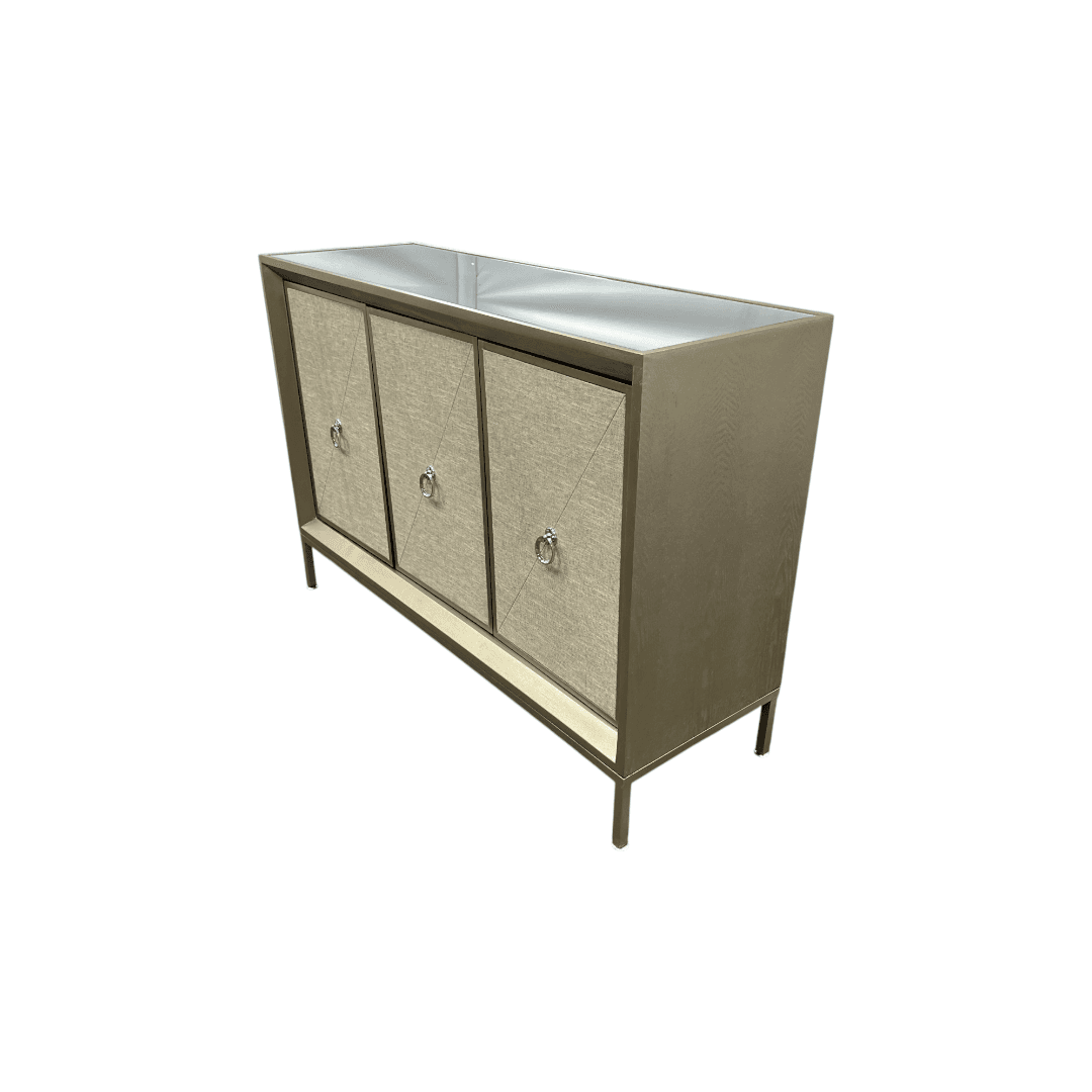 Rosdorf Park Morfa Gray Wood Upholstered Front Panel 1 Shelf & 3 Doors Cabinet w/ Mirrored Top & Ring Handles - Thumbnail 6