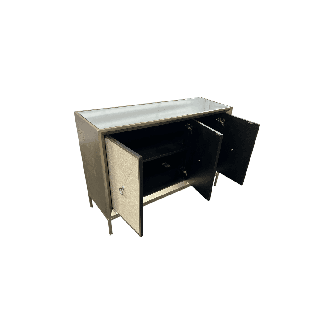 Rosdorf Park Morfa Gray Wood Upholstered Front Panel 1 Shelf & 3 Doors Cabinet w/ Mirrored Top & Ring Handles - Thumbnail 12