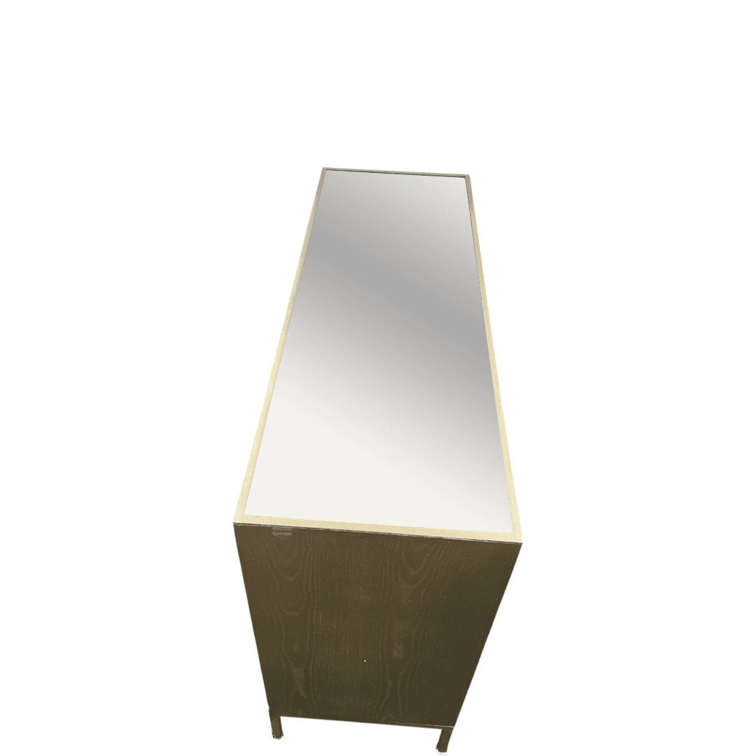 Rosdorf Park Morfa Gray Wood Upholstered Front Panel 1 Shelf & 3 Doors Cabinet w/ Mirrored Top & Ring Handles - Thumbnail 15
