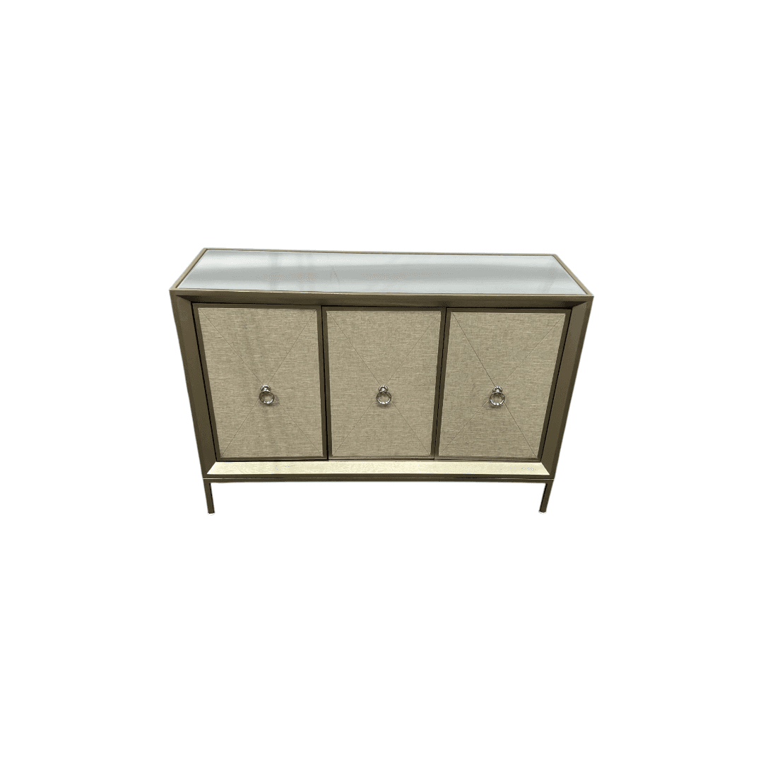 Rosdorf Park Morfa Gray Wood Upholstered Front Panel 1 Shelf & 3 Doors Cabinet w/ Mirrored Top & Ring Handles - Thumbnail 3