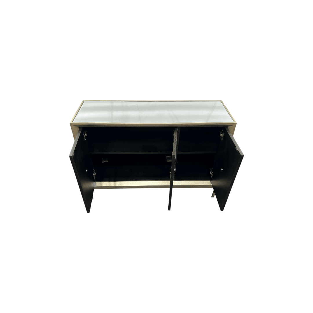Rosdorf Park Morfa Gray Wood Upholstered Front Panel 1 Shelf & 3 Doors Cabinet w/ Mirrored Top & Ring Handles - Thumbnail 10