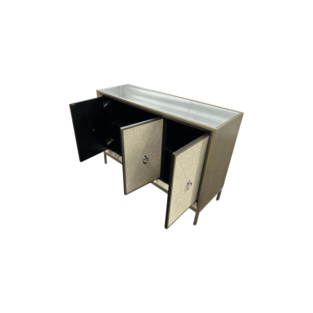 Rosdorf Park Morfa Gray Wood Upholstered Front Panel 1 Shelf & 3 Doors Cabinet w/ Mirrored Top & Ring Handles - Thumbnail 11