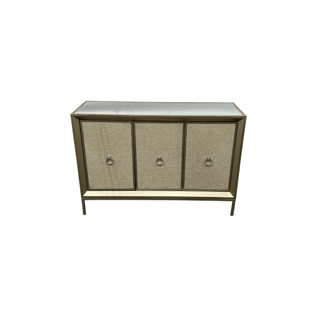 Rosdorf Park Morfa Gray Wood Upholstered Front Panel 1 Shelf & 3 Doors Cabinet w/ Mirrored Top & Ring Handles - Thumbnail 2