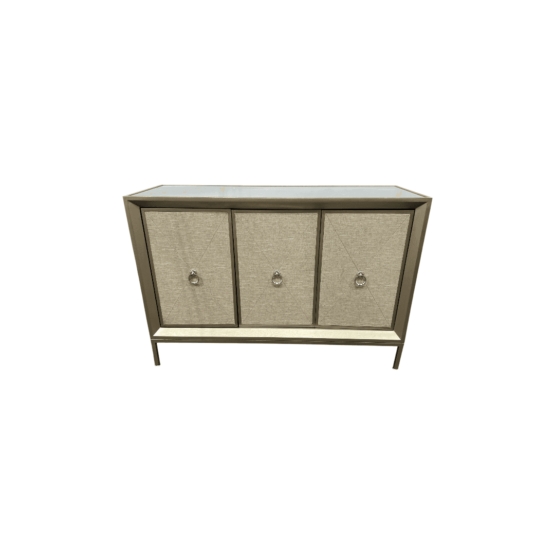 Rosdorf Park Morfa Gray Wood Upholstered Front Panel 1 Shelf & 3 Doors Cabinet w/ Mirrored Top & Ring Handles - Thumbnail 4