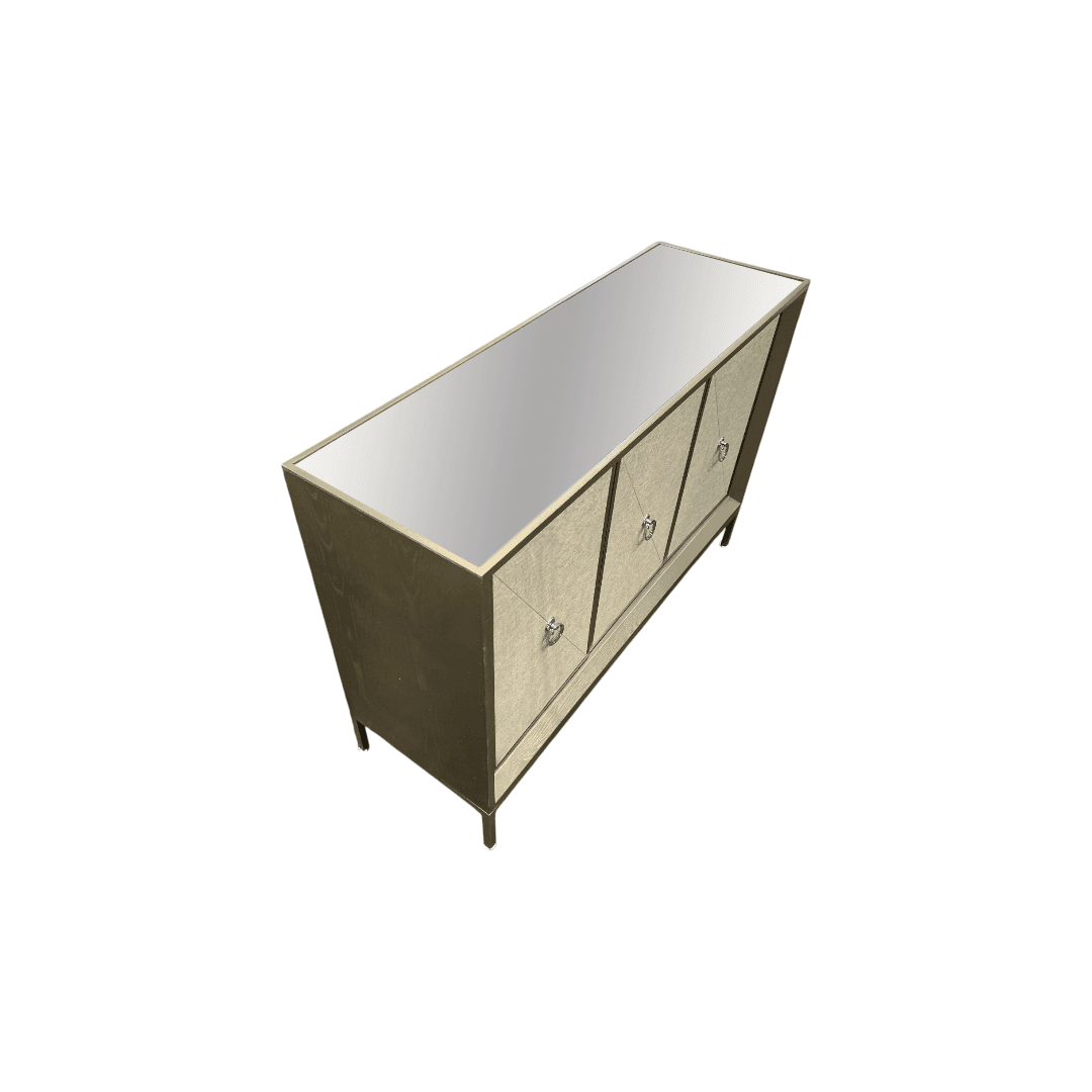 Rosdorf Park Morfa Gray Wood Upholstered Front Panel 1 Shelf & 3 Doors Cabinet w/ Mirrored Top & Ring Handles - Thumbnail 13
