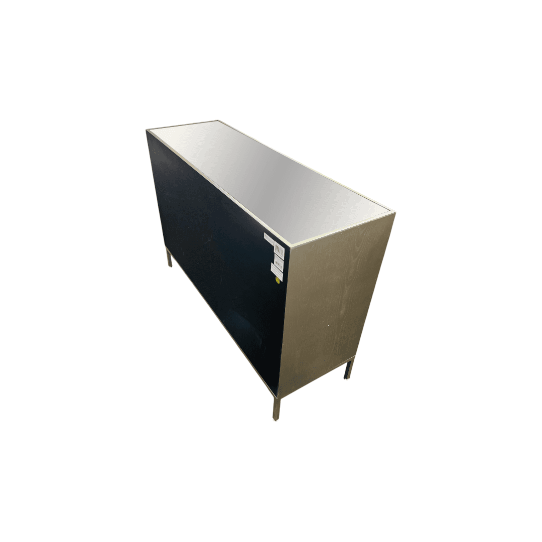 Rosdorf Park Morfa Gray Wood Upholstered Front Panel 1 Shelf & 3 Doors Cabinet w/ Mirrored Top & Ring Handles - Thumbnail 17