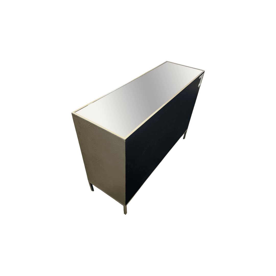 Rosdorf Park Morfa Gray Wood Upholstered Front Panel 1 Shelf & 3 Doors Cabinet w/ Mirrored Top & Ring Handles - Thumbnail 20