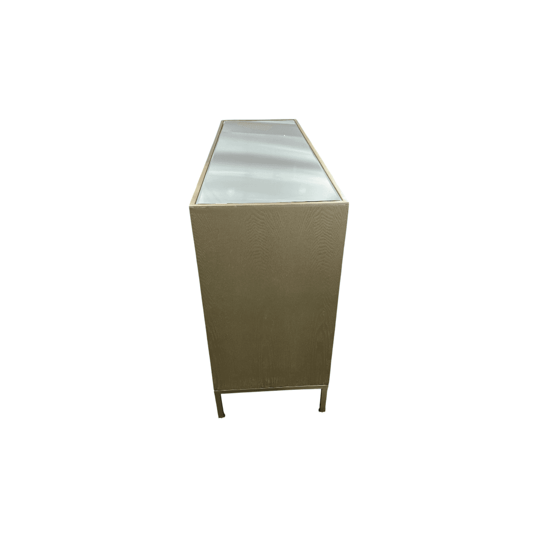Rosdorf Park Morfa Gray Wood Upholstered Front Panel 1 Shelf & 3 Doors Cabinet w/ Mirrored Top & Ring Handles - Thumbnail 7