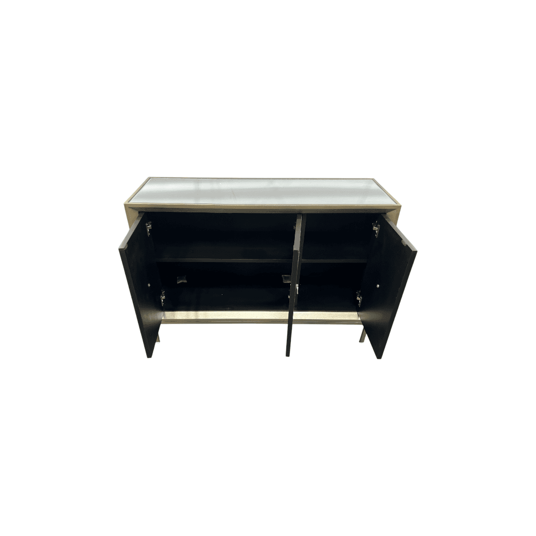 Rosdorf Park Morfa Gray Wood Upholstered Front Panel 1 Shelf & 3 Doors Cabinet w/ Mirrored Top & Ring Handles - Thumbnail 9