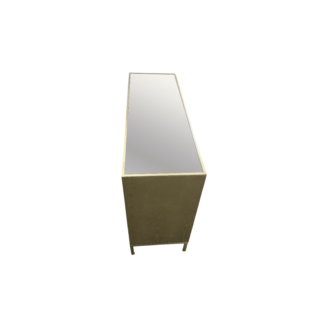 Rosdorf Park Morfa Gray Wood Upholstered Front Panel 1 Shelf & 3 Doors Cabinet w/ Mirrored Top & Ring Handles - Thumbnail 22