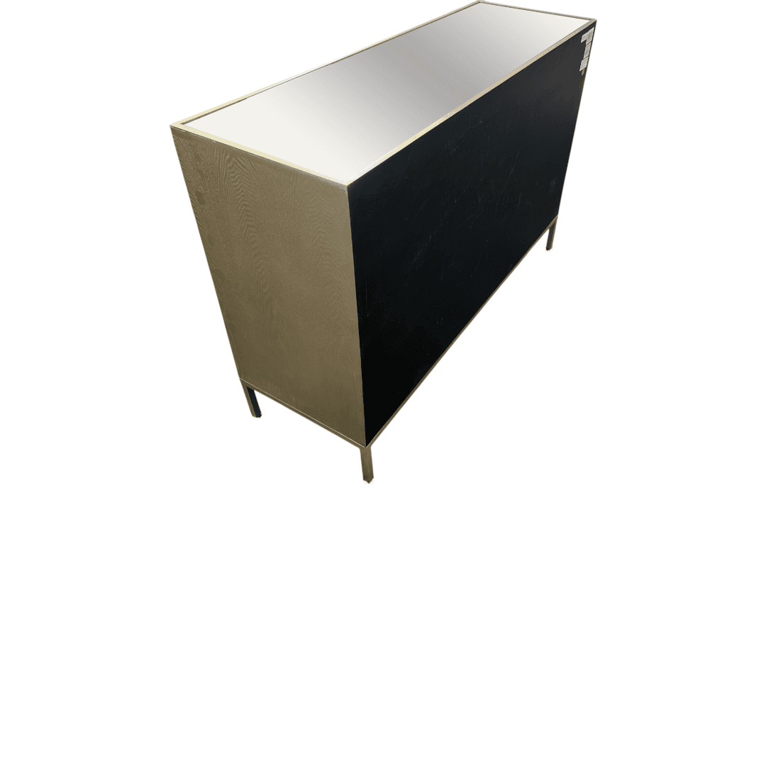 Rosdorf Park Morfa Gray Wood Upholstered Front Panel 1 Shelf & 3 Doors Cabinet w/ Mirrored Top & Ring Handles - Thumbnail 21