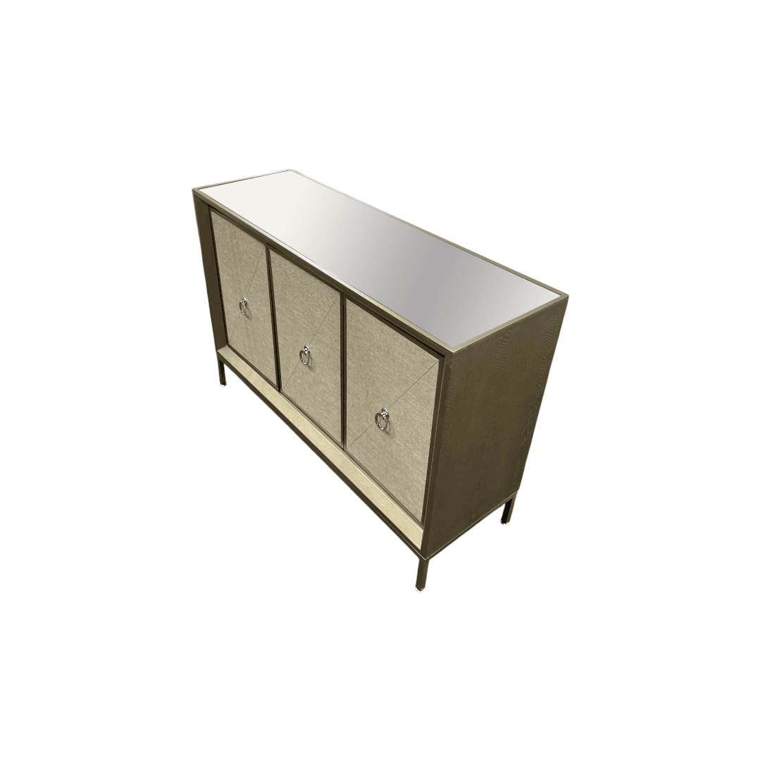 Rosdorf Park Morfa Gray Wood Upholstered Front Panel 1 Shelf & 3 Doors Cabinet w/ Mirrored Top & Ring Handles - Thumbnail 24