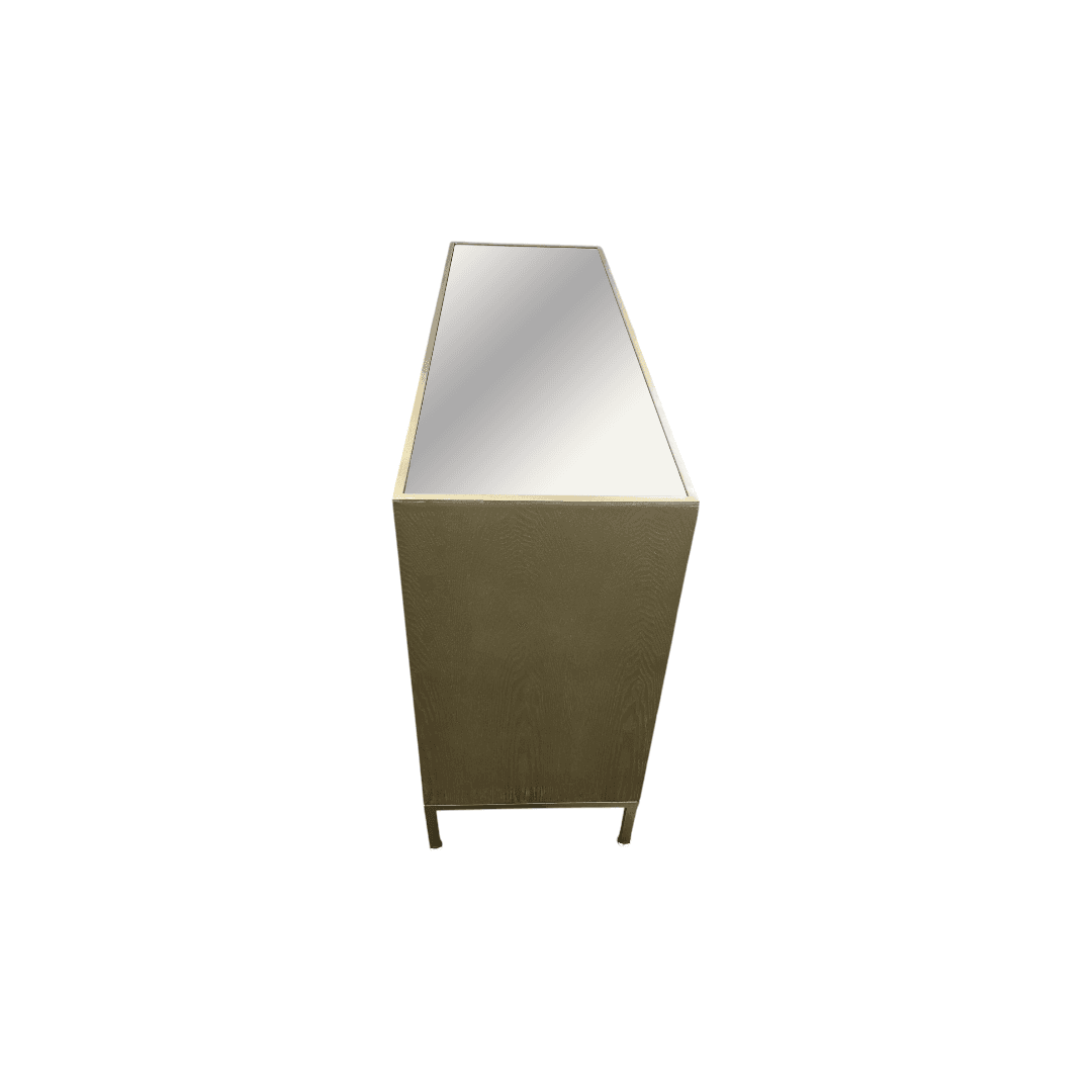 Rosdorf Park Morfa Gray Wood Upholstered Front Panel 1 Shelf & 3 Doors Cabinet w/ Mirrored Top & Ring Handles - Thumbnail 23