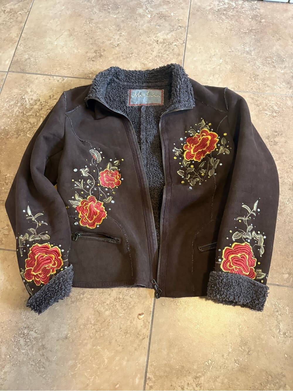 Embroidered Floral Shearling Jacket