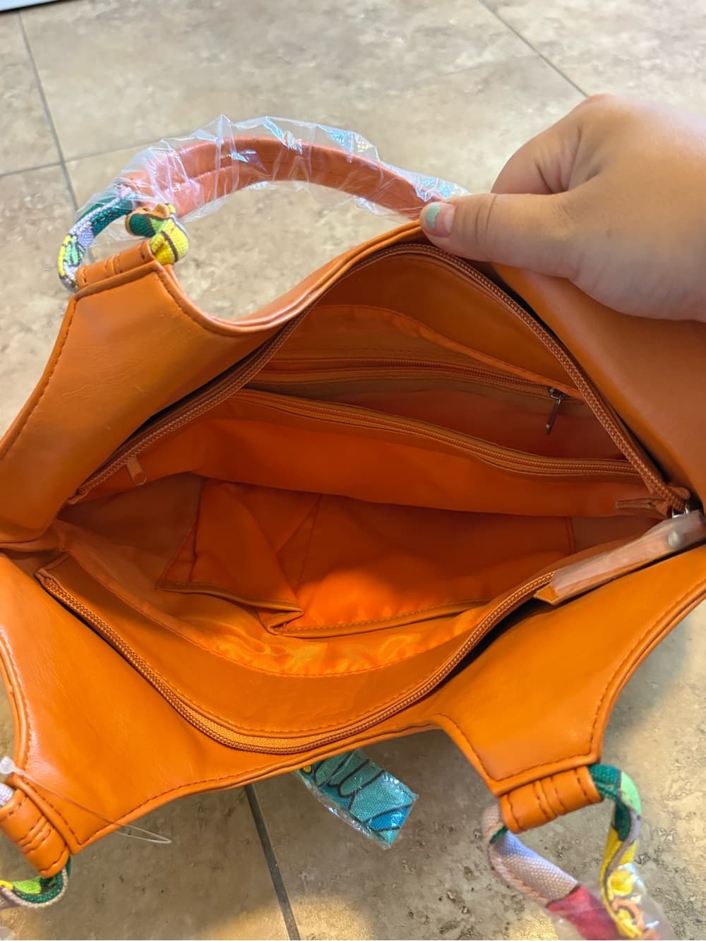 Orange Leather Shoulder Bag with Colorful Scarf Accent - Thumbnail 2
