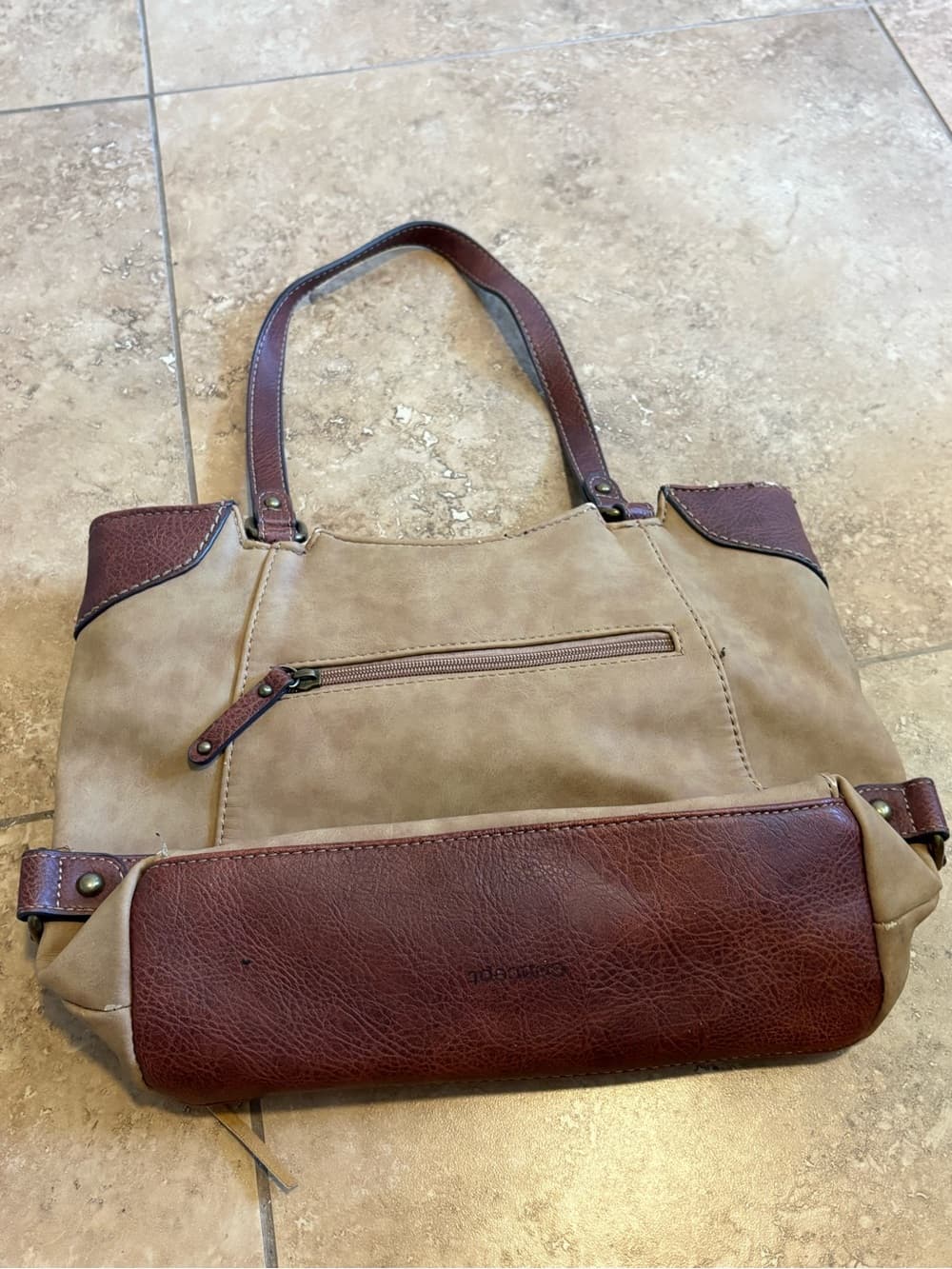 Sundance Two-Tone Taupe and Brown Leather Tote - Thumbnail 4