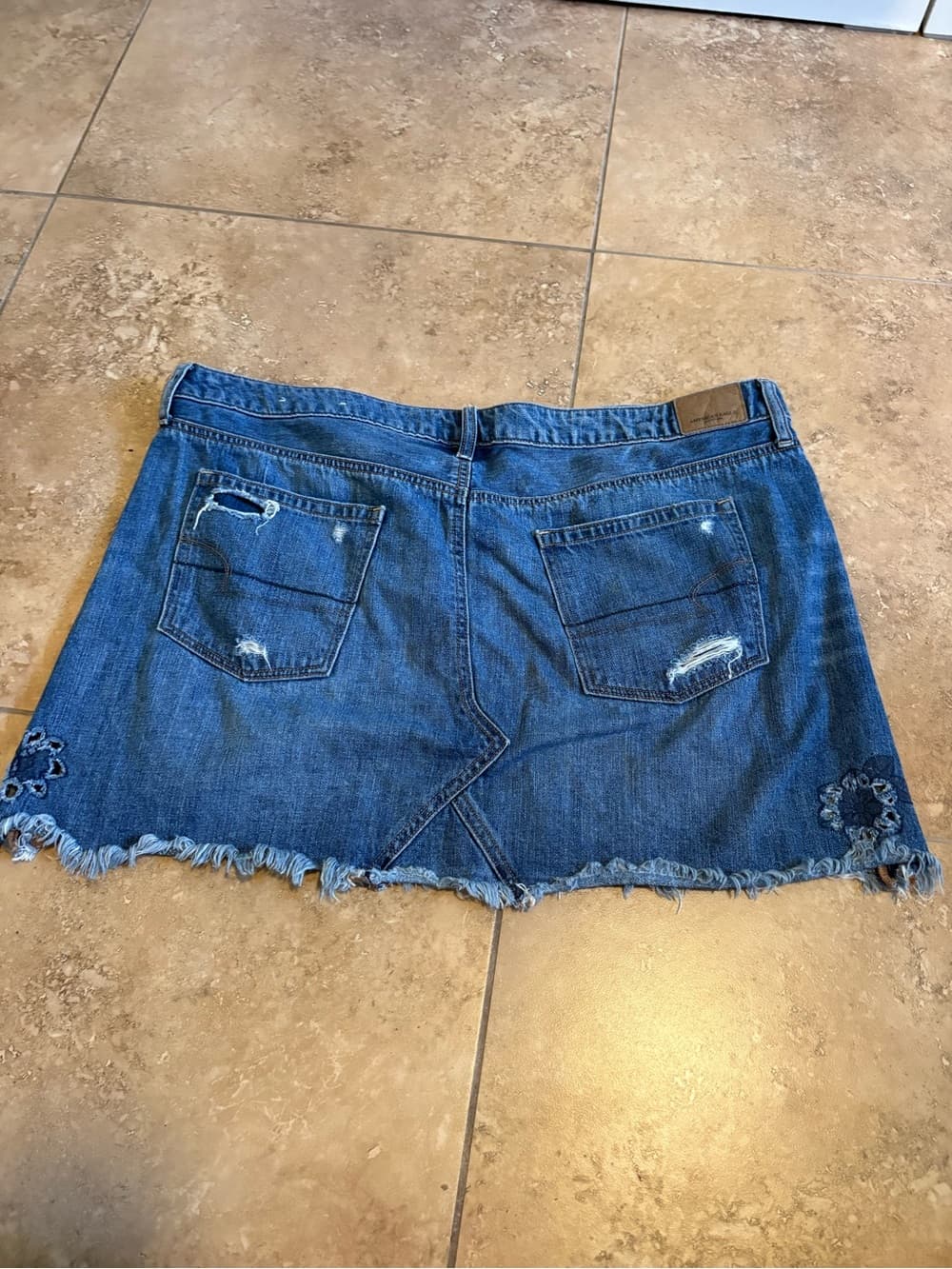 American Eagle Outfitters Blue Denim Distressed Floral Mini Skirt - Thumbnail 4