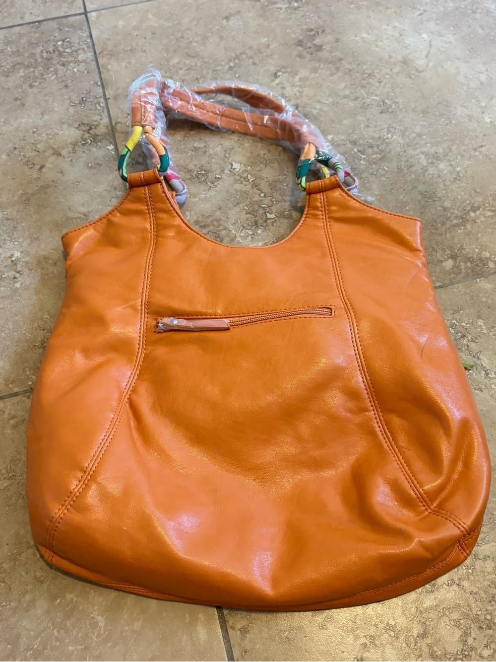 Orange Leather Shoulder Bag with Colorful Scarf Accent - Thumbnail 3