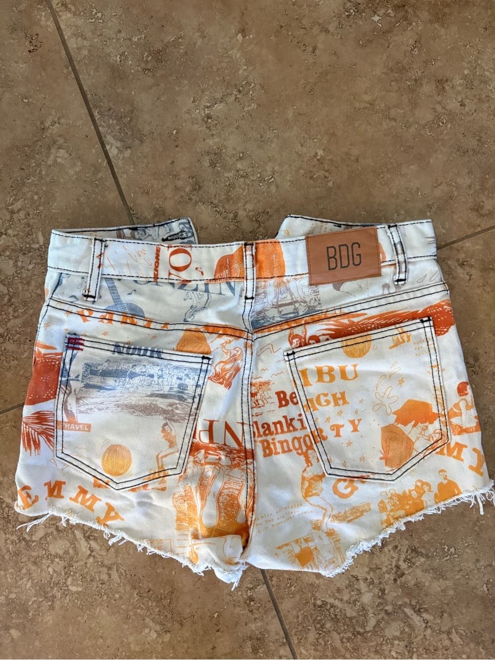 BDG White Denim Shorts with Orange & Blue Print - Thumbnail 3