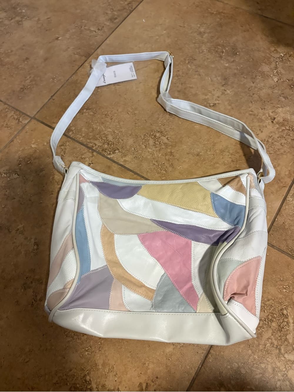 Women's White Patchwork Leather Crossbody Bag with Pastel Accents - Thumbnail 2