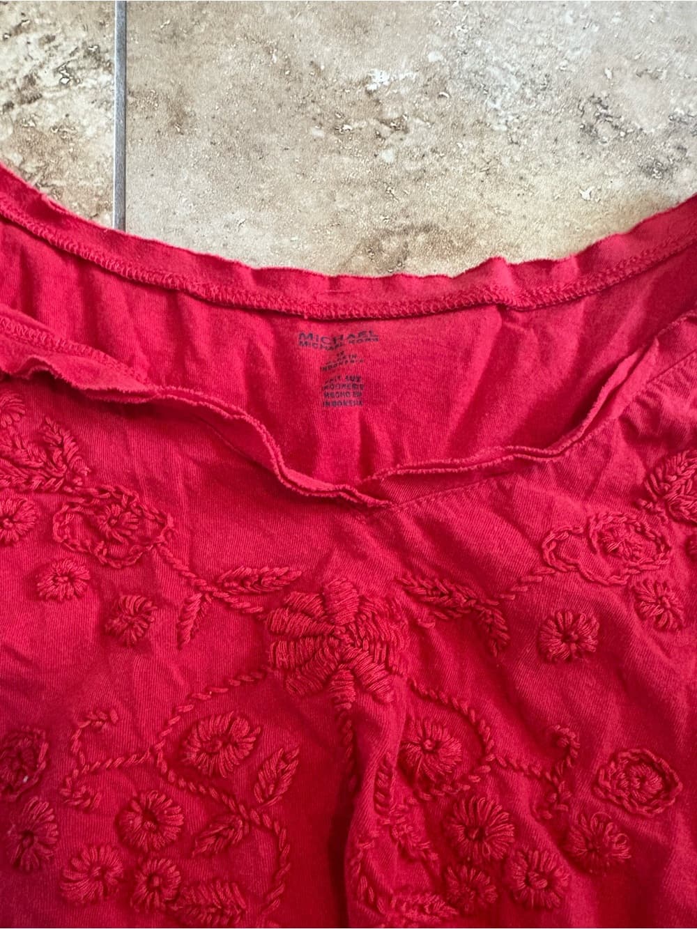 Michael Kors Red Long Sleeve Embroidered Scoop Neck Top - Thumbnail 2