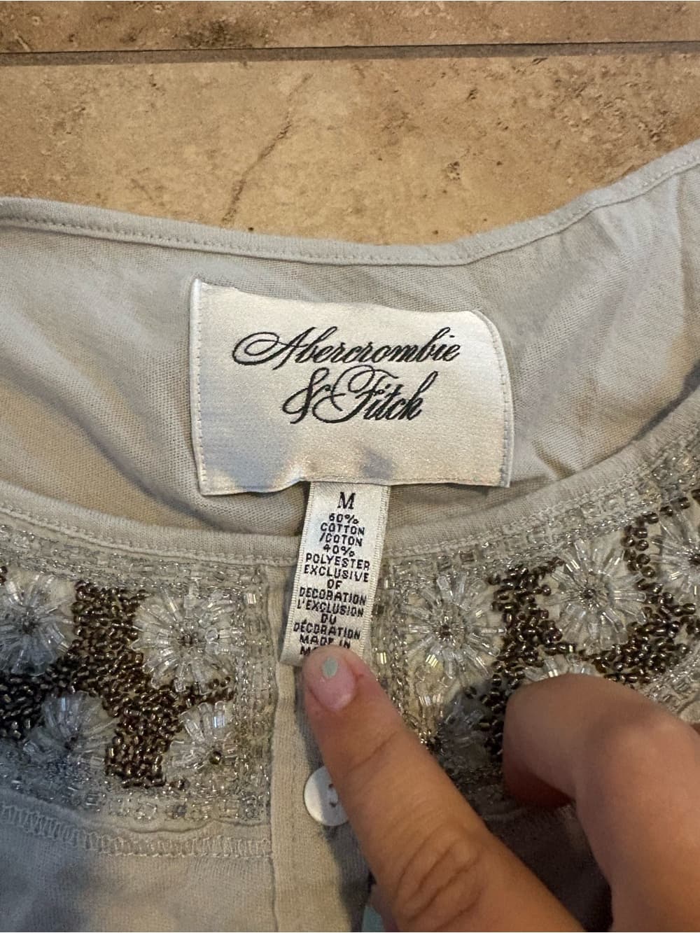 Vintage Abercrombie & Fitch Light Gray Long Sleeve Henley Top Beaded Neckline - Thumbnail 3