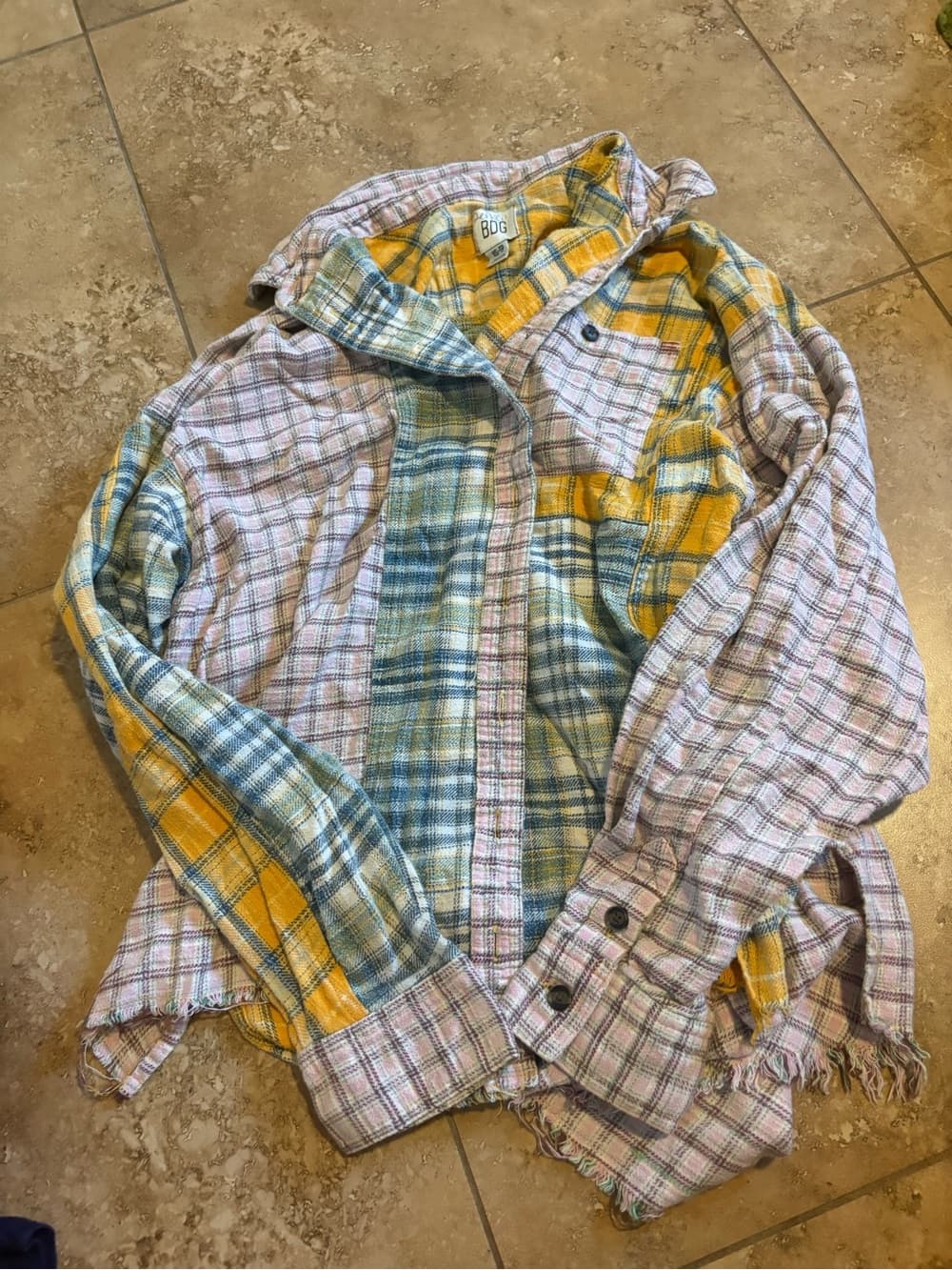 BDG Patchwork Plaid Long Sleeve Shirt Jacket in Yellow, Blue, Pink