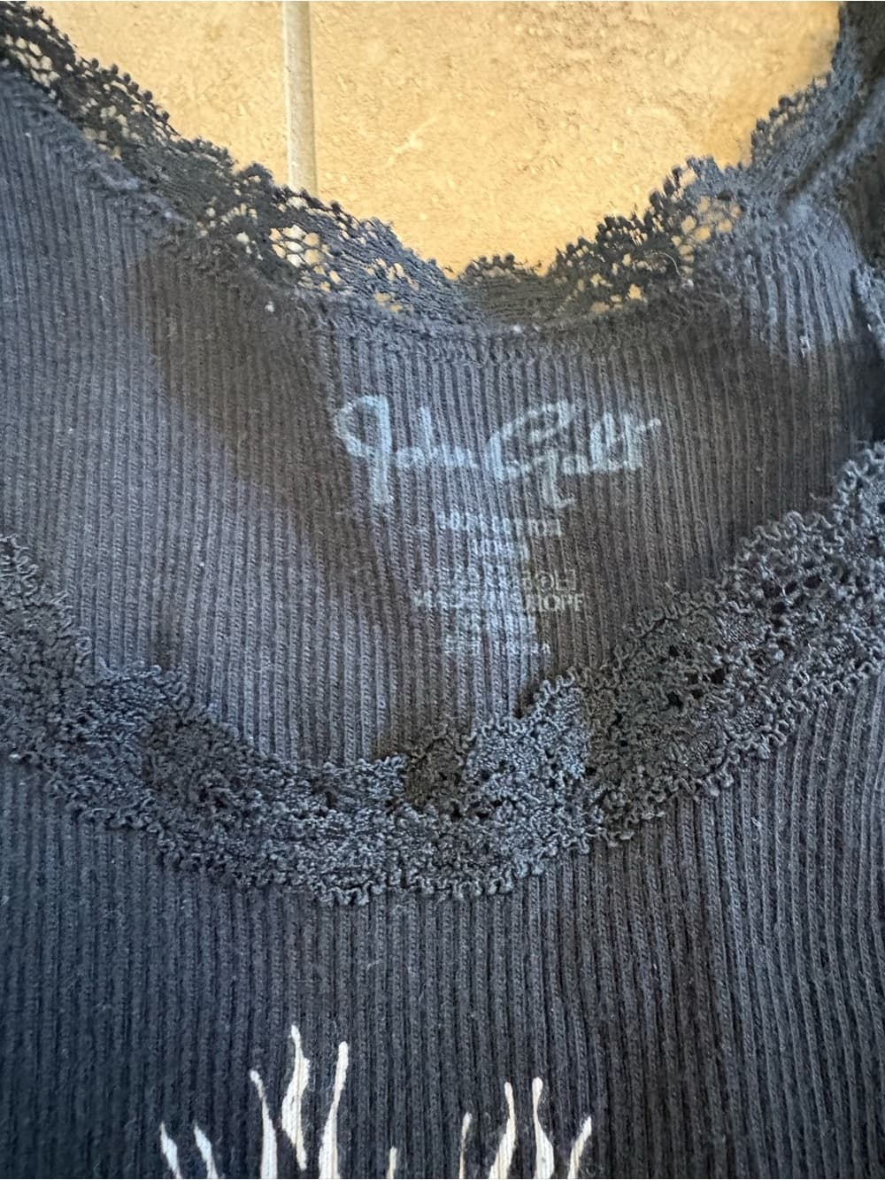 Brandy Melville Black Ribbed Lace-Trim Tank with White Flame Rose Graphic - Thumbnail 2
