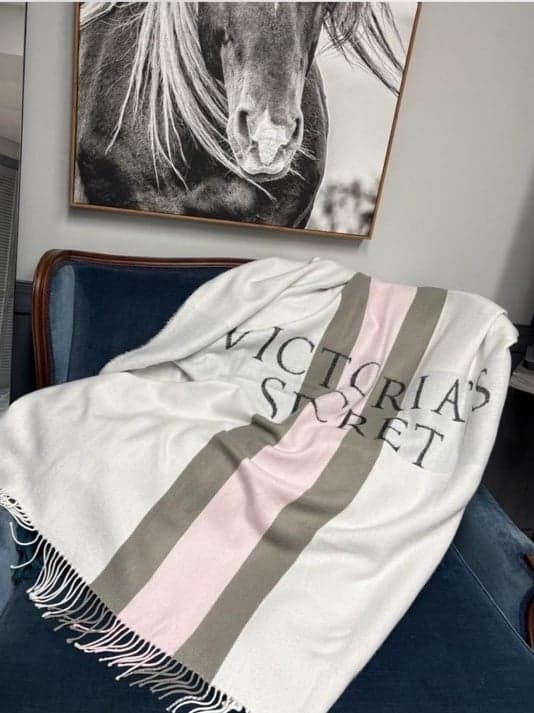 Victoria’s Secret Logo Fringe Throw Blanket Pink Gray Ivory Soft Cozy - Thumbnail 2
